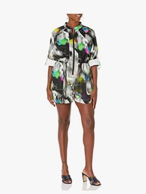 Black Multicolor Zip-Front shorts Romper w/Drawstring Waist medium unique new